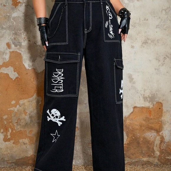 ROMWE GRUNGE PUNK BLACK JEANS SIZE MEDIUM - Picture 3 of 3
